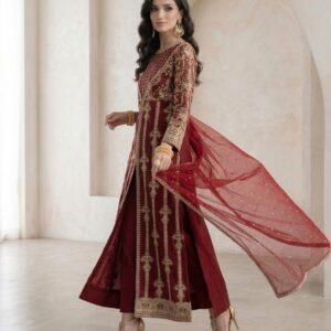 Exquisite Maroon Embroidered Net Suit