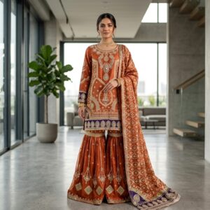 Royal Rust Orange Embroidered Gharara Suit with Dupatta