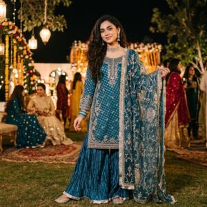 Teal Blue Embroidered 3-Piece Festive Net Suit with Silver Ornamentation